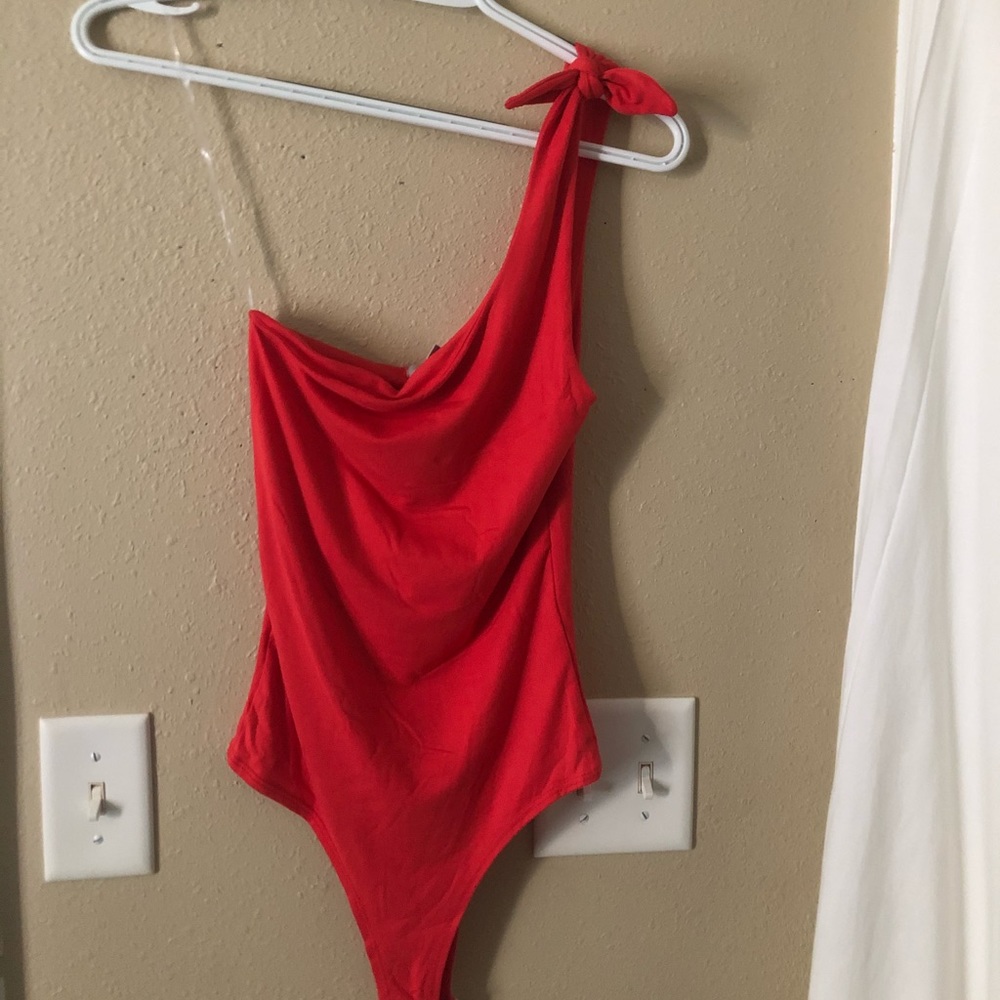 One Shoulder Tie Red Bodysuit